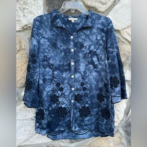 John Mark Button Up Blouse Top Size S Blue Tie Dye Boho Embroidered Artsy Modern